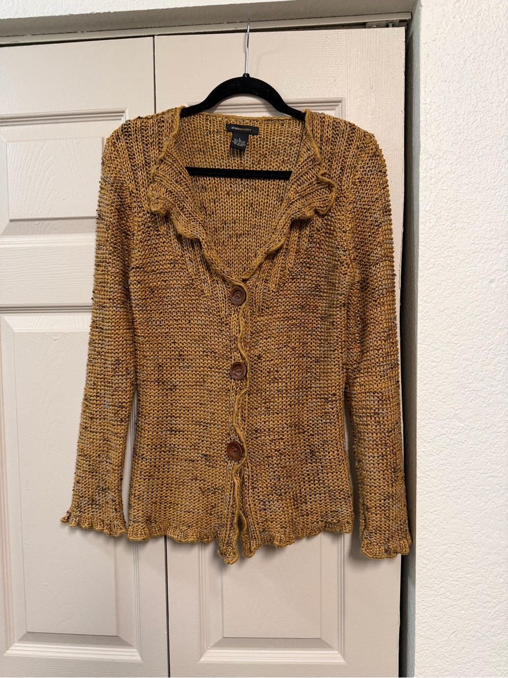 VTG BCBGMaxAzria Mustard Knit Ruffle-Trim Button Cardigan